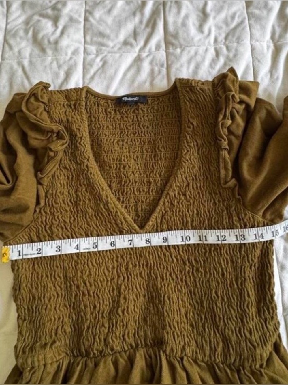 Madewell Olive Brown Flannel Smocked dress with Elastic Cuffs - Picture 5 of 7